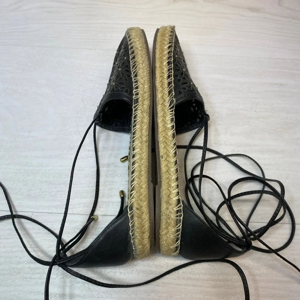 Jasper & Jeera Womens 7B Espadrilles Lace Up Black Leather Laser Cut Studs Boho